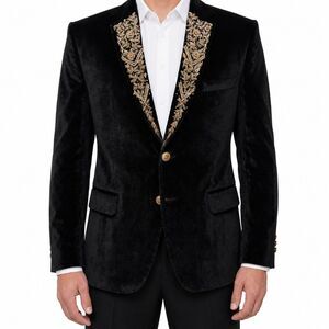 Mens 42R Black Velvet Blazer Gold Floral Pearl Beaded Embroidered Tuxedo Jacket